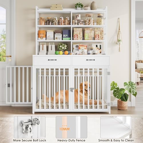 Black Wood & Metal Large Dog Crate Furniture with 4-Tier Shelves and 2 Storage Drawers T626099