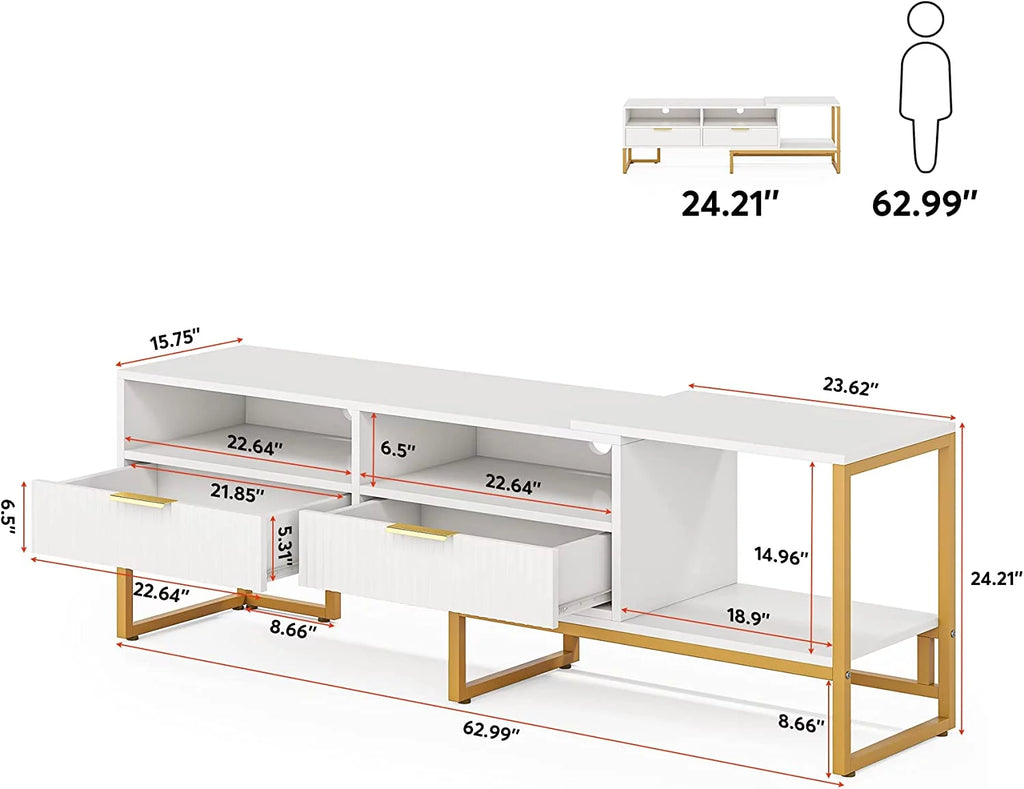 White and Gold TV Stand with 2 Drawers and Open Shelves C173