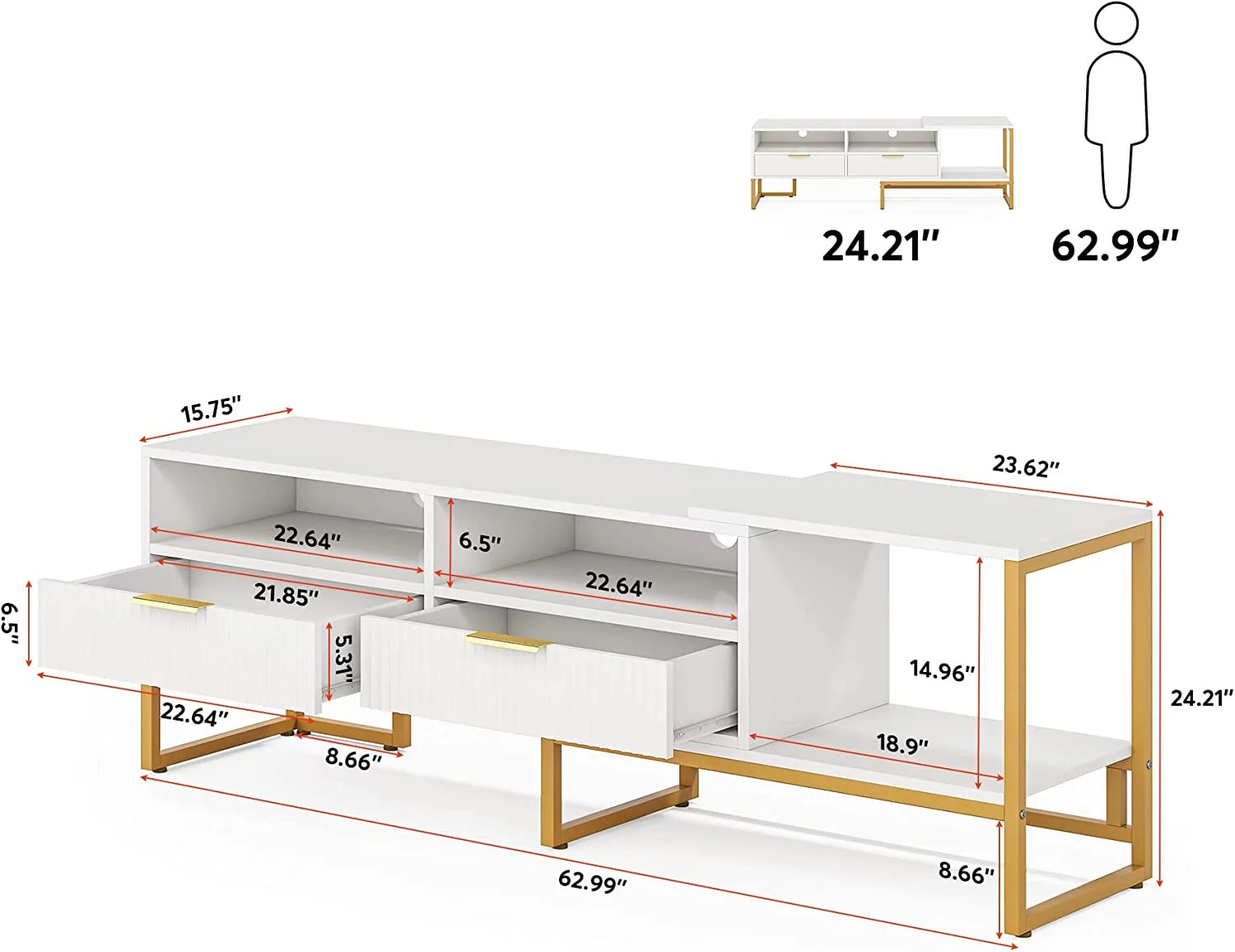 White and Gold TV Stand with 2 Drawers and Open Shelves C173