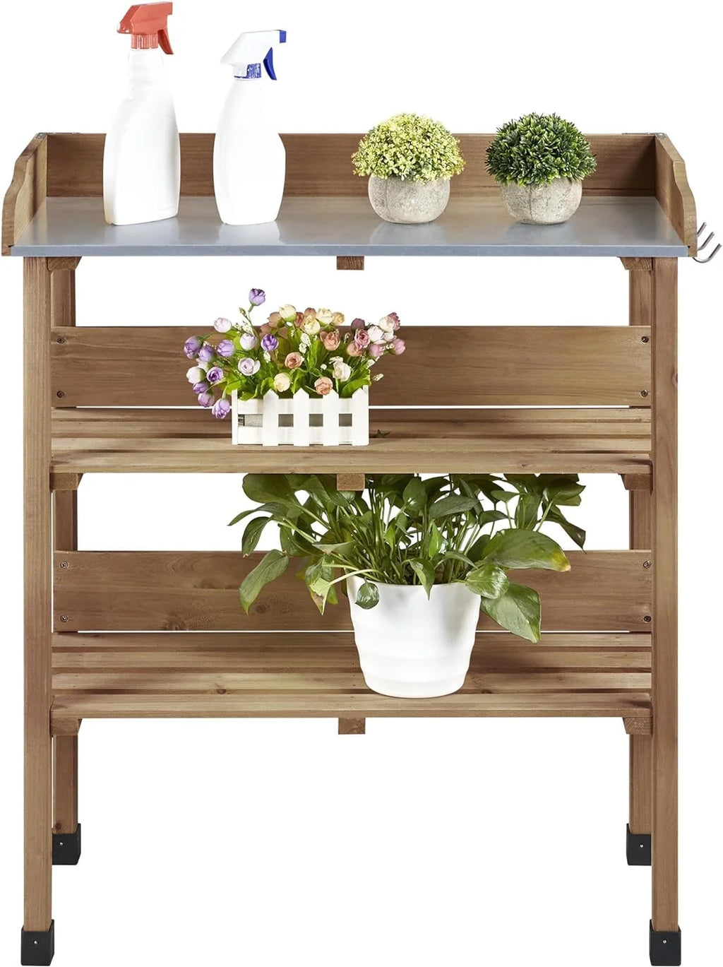 Brown Wooden Potting Bench with Metal Tabletop and Storage Shelf G62342