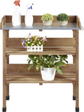 Brown Wooden Potting Bench with Metal Tabletop and Storage Shelf G62342