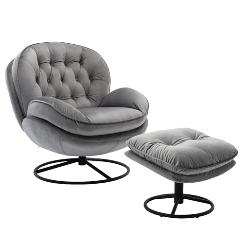 Gray Velvet Swivel Accent Chair with Ottoman Set L960