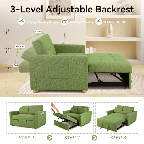 49" 2-Seater Linen Fabric Convertible Sofa Bed with Adjustable Backrest and 2 Pillows R55509