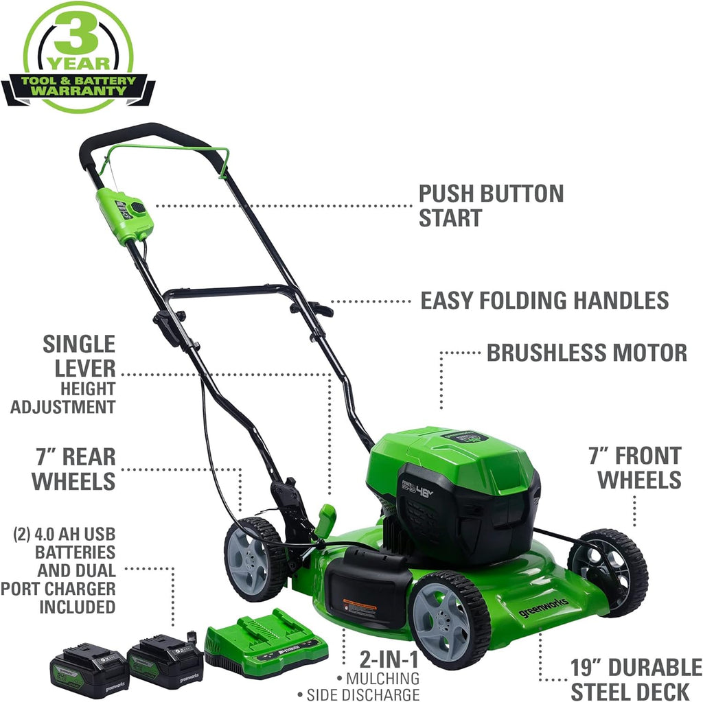 2 x 24V (48V) 19" Brushless Cordless Lawn Mower with 4.0Ah Batteries and Dual Port Charger T513349
