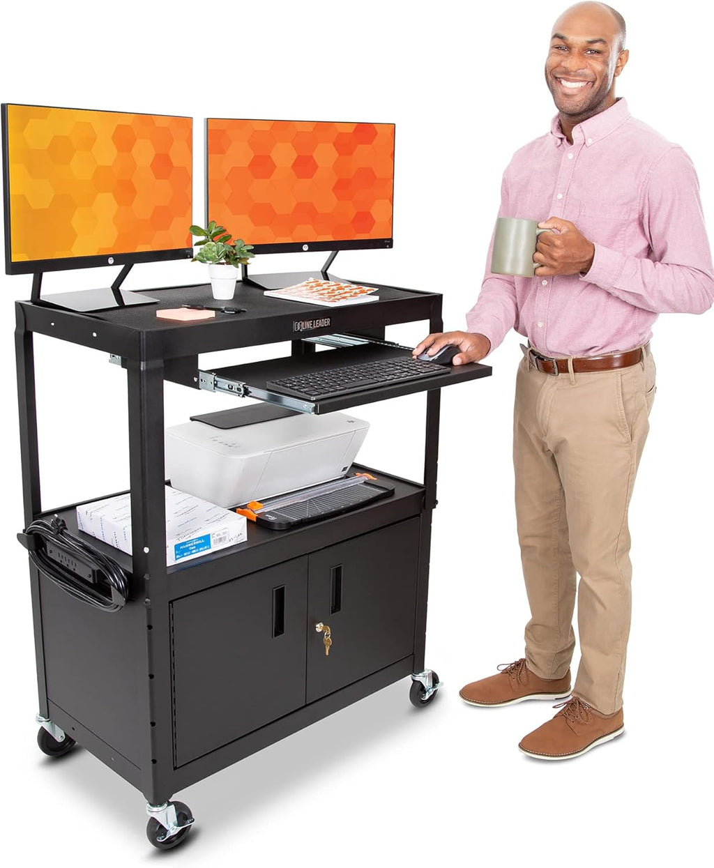 Large AV Cart with Locking Cabinet, Height Adjustable, Black K501938