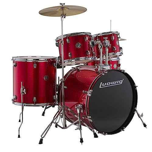 5-piece Complete Drum Set with 22-inch Bass Drum and Cymbals, Red Sparkle I104530