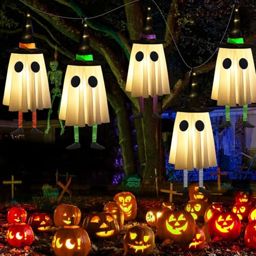 Set of 4 Halloween Hanging Ghosts with Witch Hat J679