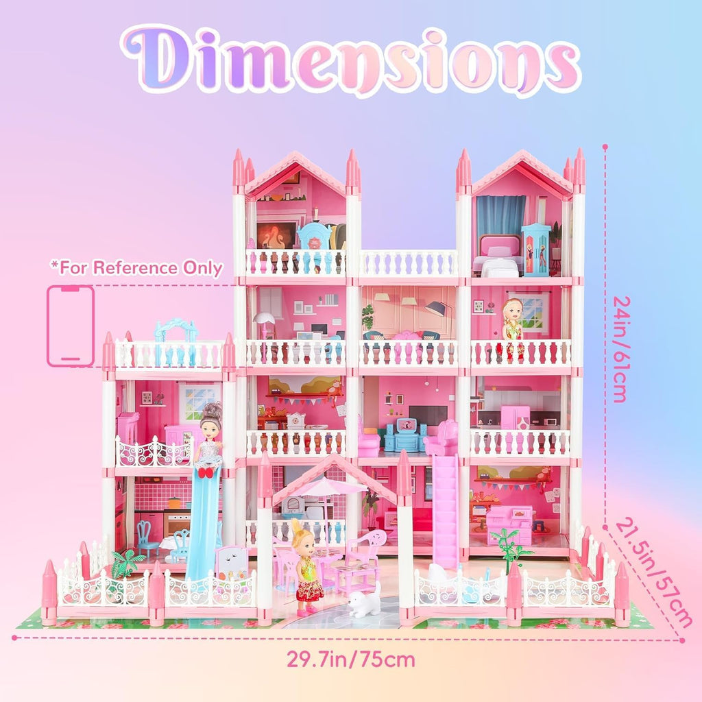 4-Story 15 Rooms Dollhouse with 3 Dolls, Lights, Furniture and Accessories P29161