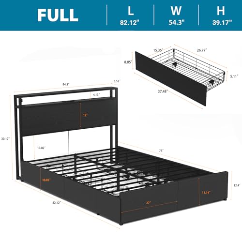 Black Full Size Bed Frame with Headboard, LED, 4 Storage Drawers, Charging Station Z969