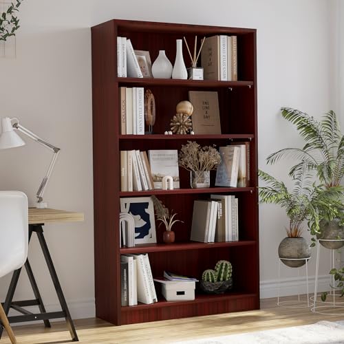 5 Shelf Wooden Bookcase, 60 Inch Height, Cherry P7194