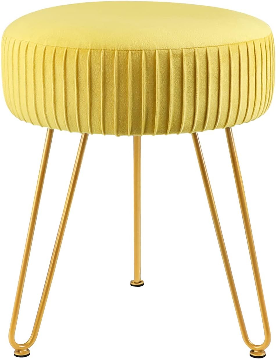 Yellow Velvet Round Vanity Chair with Golden Metal Legs B716