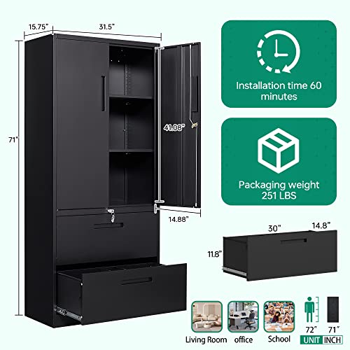 Black Metal 2 Drawer File Cabinet with Lock J1054