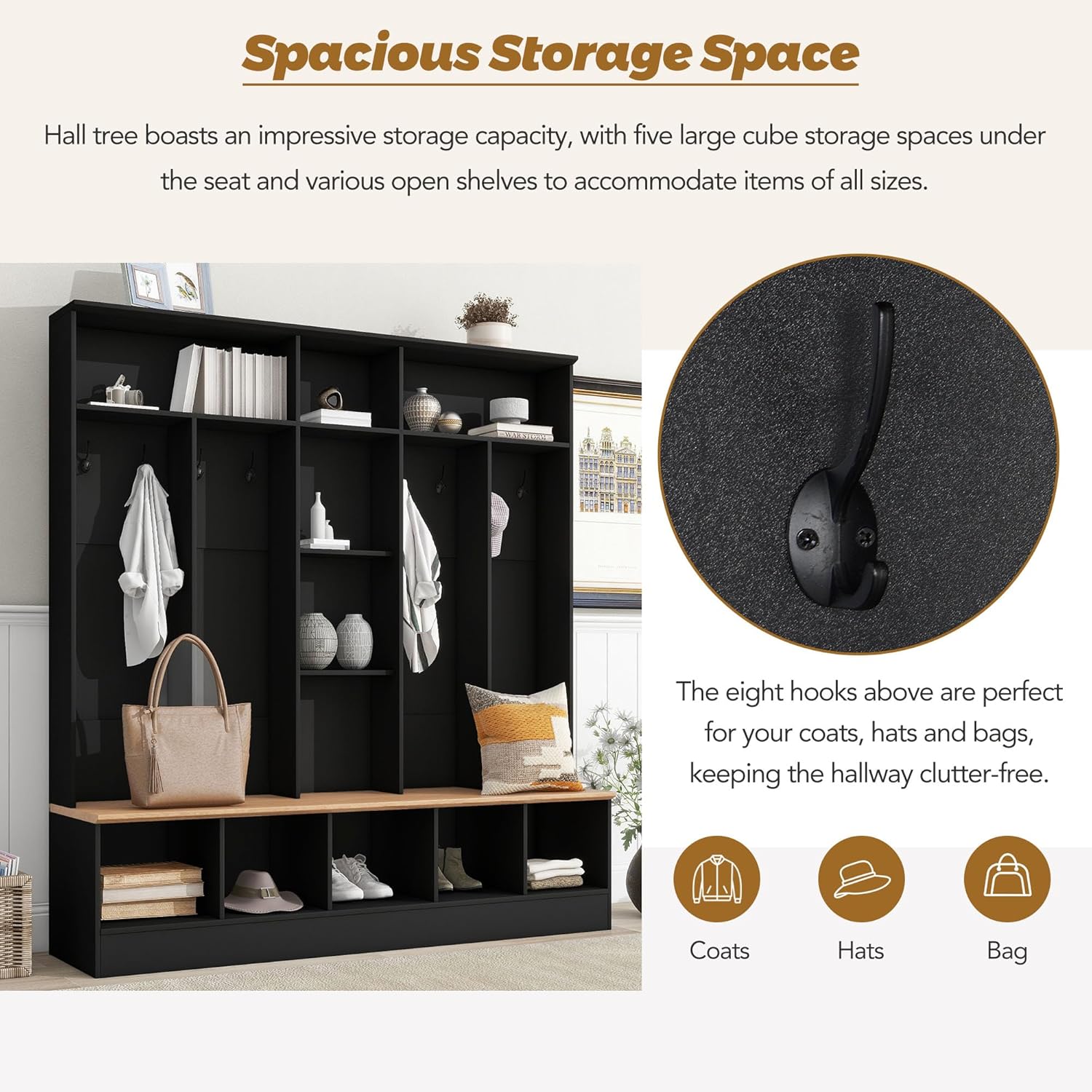 Black Hall Tree with Storage Bench and 8 Hooks I537305