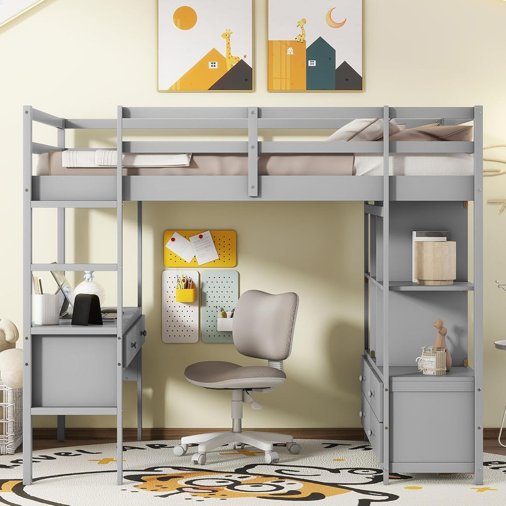 Full Size Solid Wood Loft Bed with Desk and 2 Drawers, Grey Q105