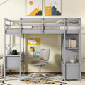 Full Size Solid Wood Loft Bed with Desk and 2 Drawers, Grey Q105