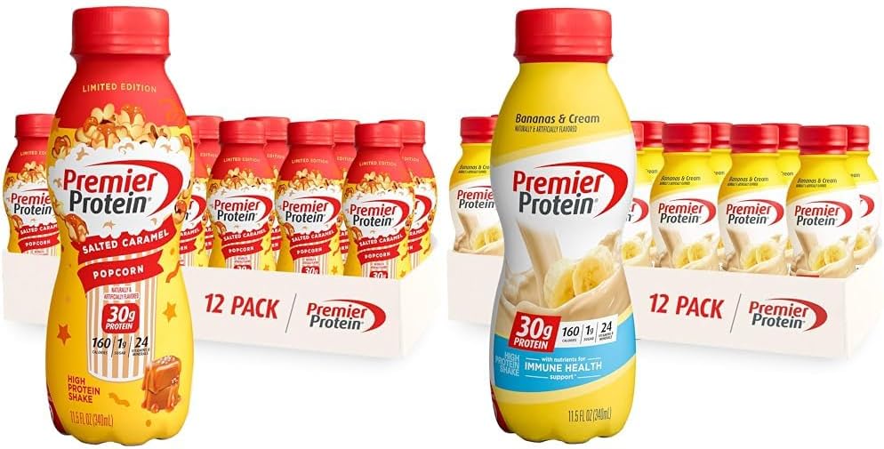 12 Pack Premier Protein Shake, 30g Protein, Salted Caramel Popcorn and Bananas & Cream Flavors V74527
