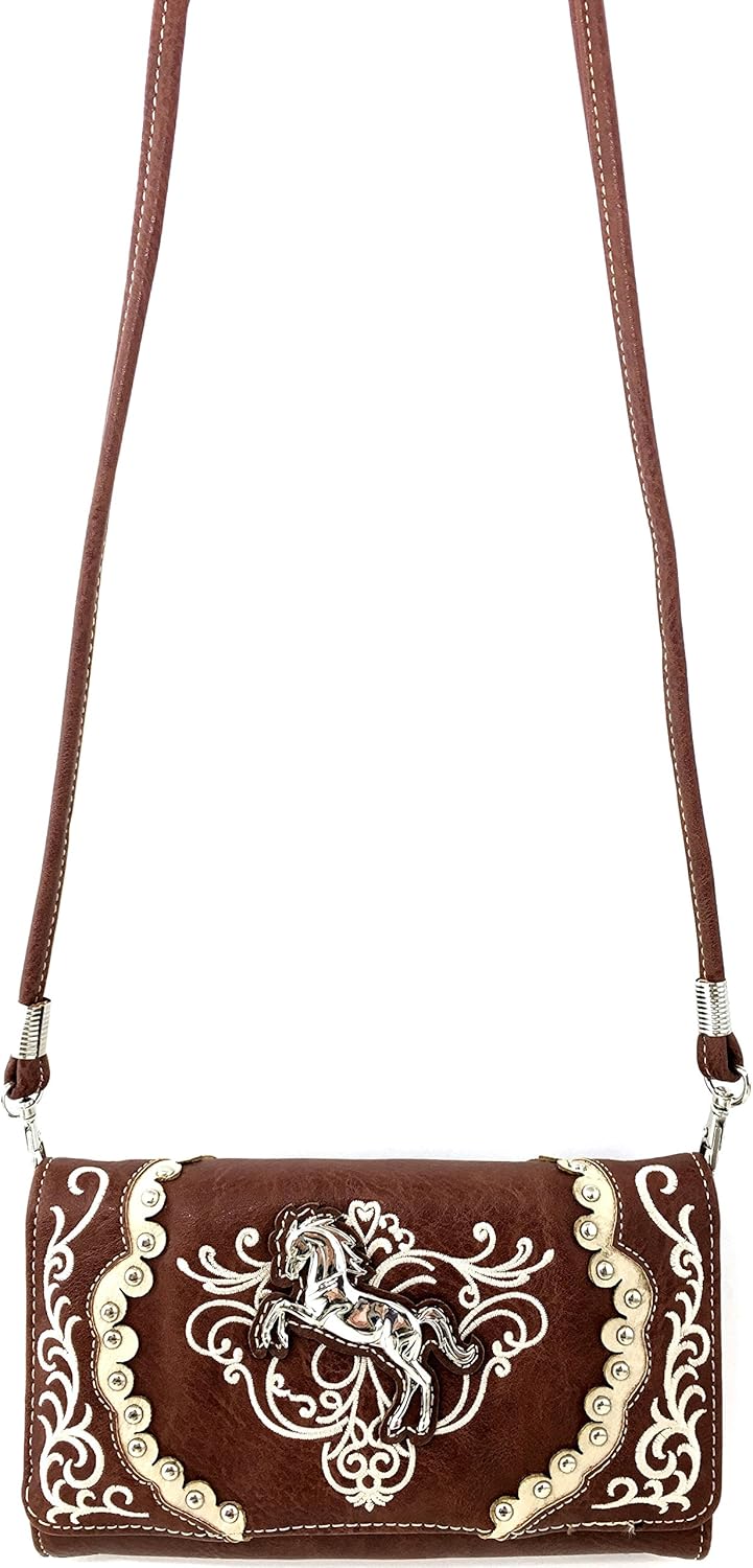 Brown Horse Embroidery Studded Concealed Carry Handbag Purse and Wallet O798