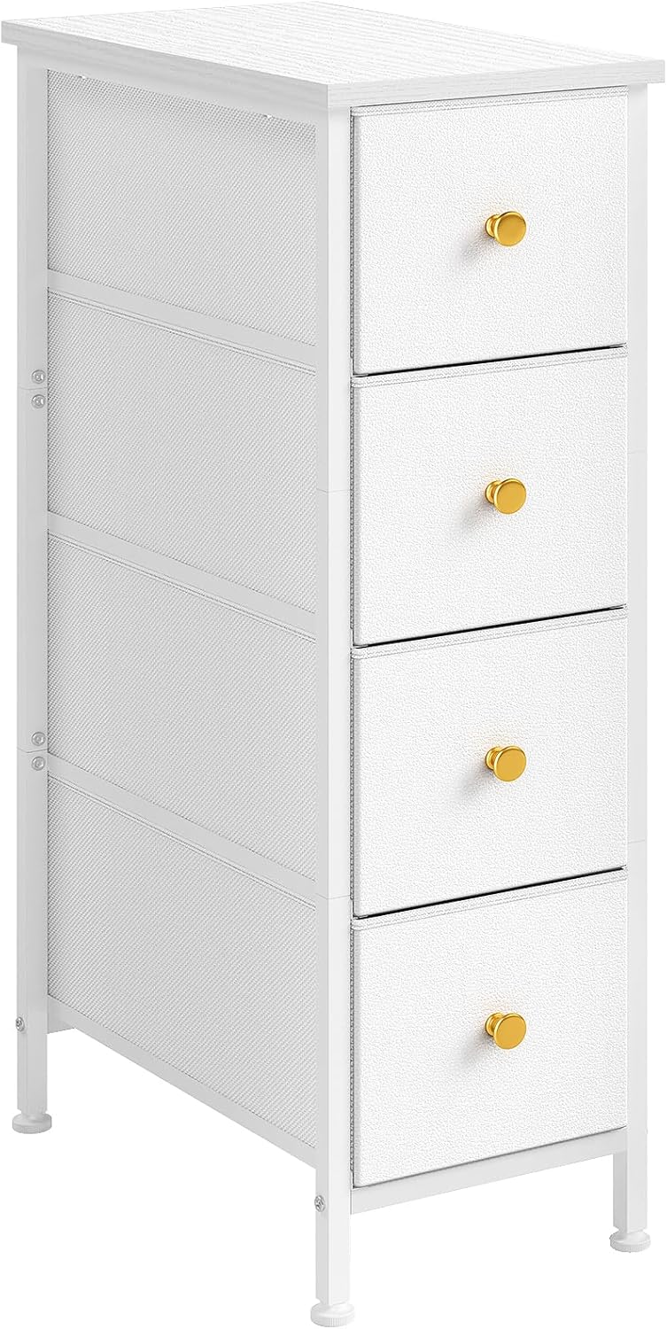 White 4 Drawer Slim Fabric Dresser with Steel Frame and Wood Top C699796