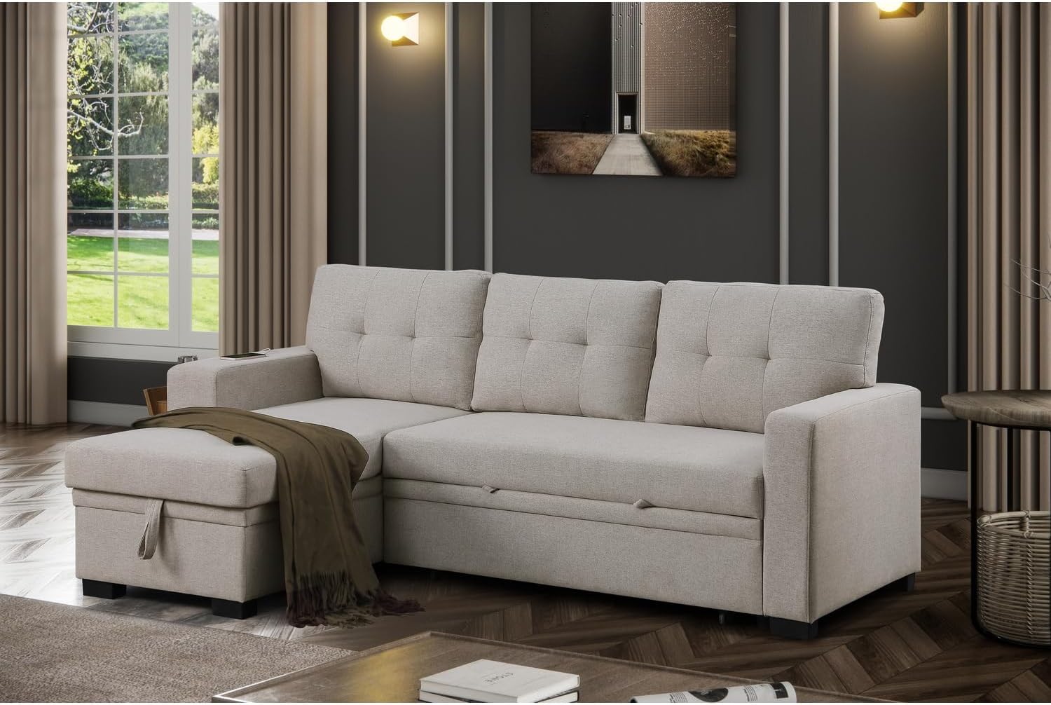 Light Gray Polyester Fabric L-Shaped Sleeper Sectional Sofa Bed E597