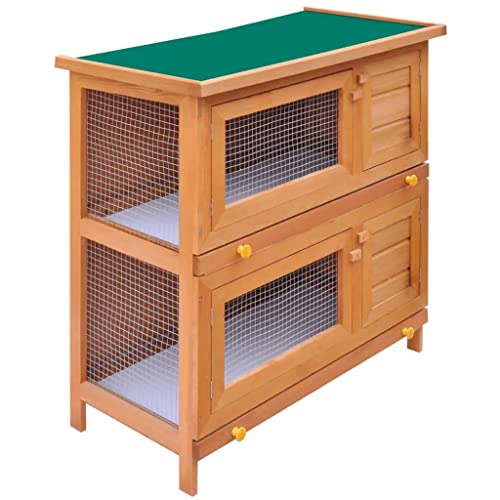 Gray Wood Pet Rabbit Hutch with Mesh Door and Green Roof F387