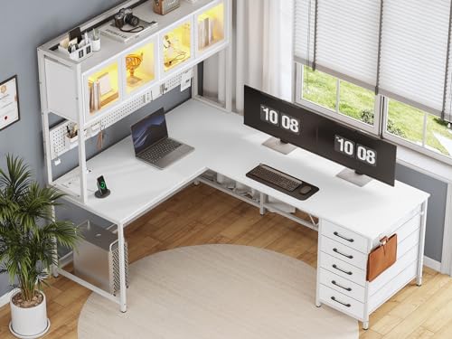 White L Shaped Gaming Desk with Drawers and Hutch S7705