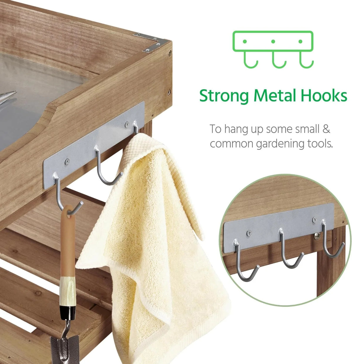 Brown Wooden Potting Bench with Metal Tabletop and Storage Shelf G62342