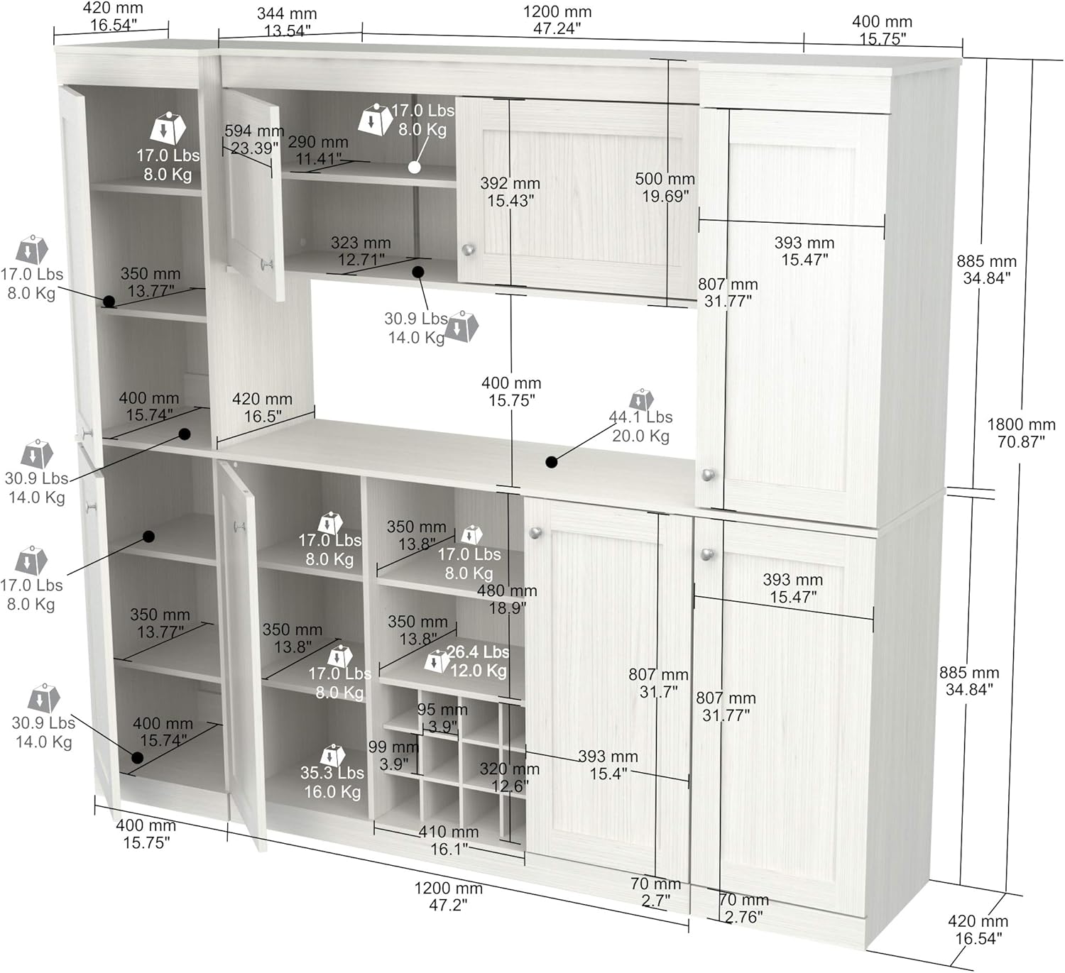 4-Piece Buffet Storage System with 2 Tall/Slim Cabinets, Washed Oak G9794