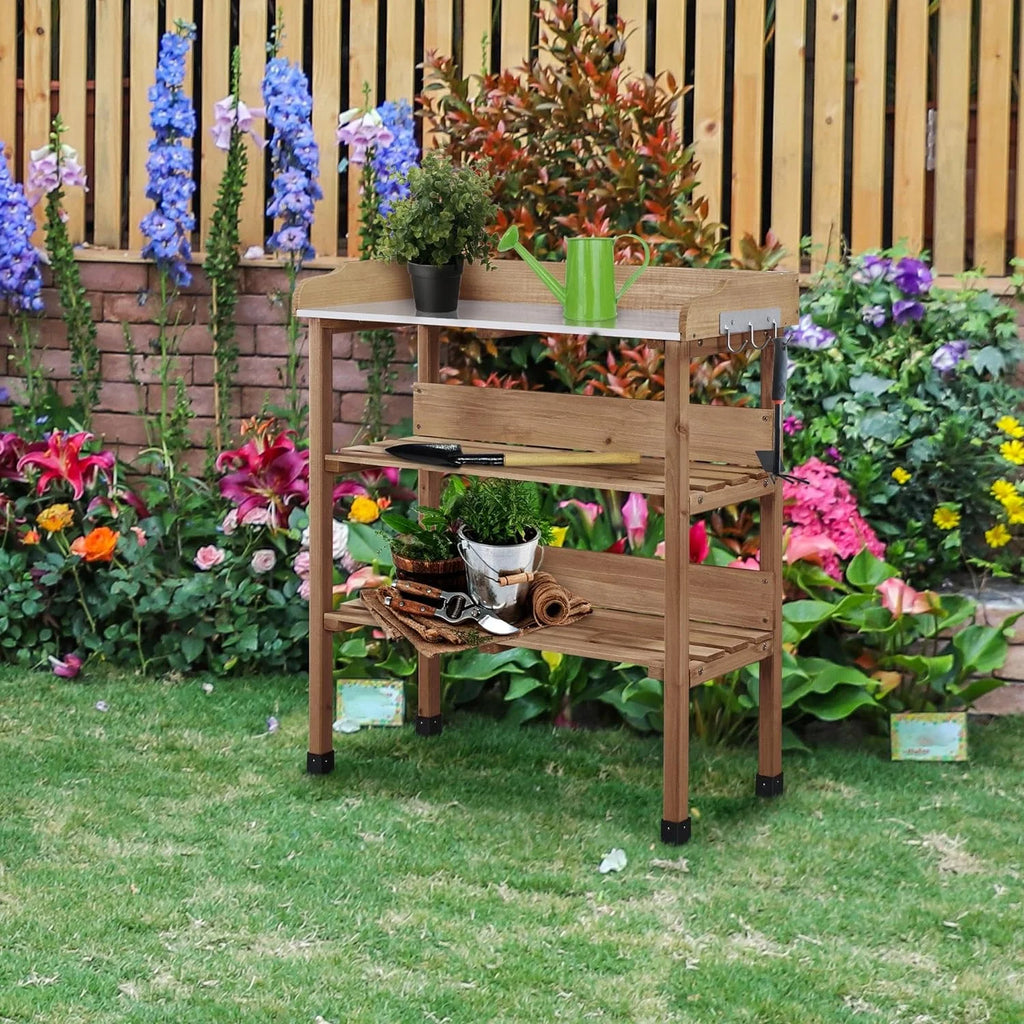 Brown Wooden Potting Bench with Metal Tabletop and Storage Shelf G62342