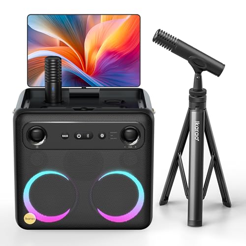 Smart Karaoke Machine with Lyrics Display, 32GB, 2 Wireless Mics, 300W Peak Power, 4 DJ Lights B568