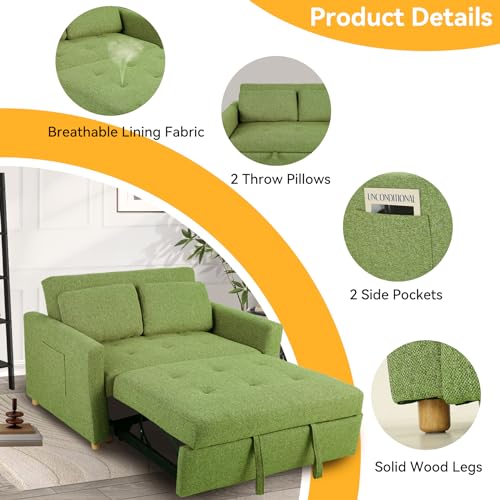 49" 2-Seater Linen Fabric Convertible Sofa Bed with Adjustable Backrest and 2 Pillows R55509