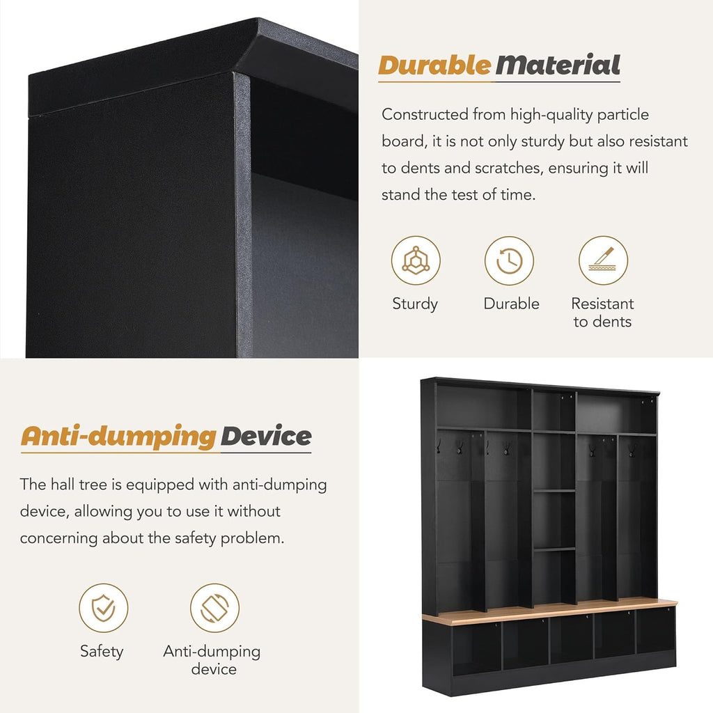Black Hall Tree with Storage Bench and 8 Hooks I537305