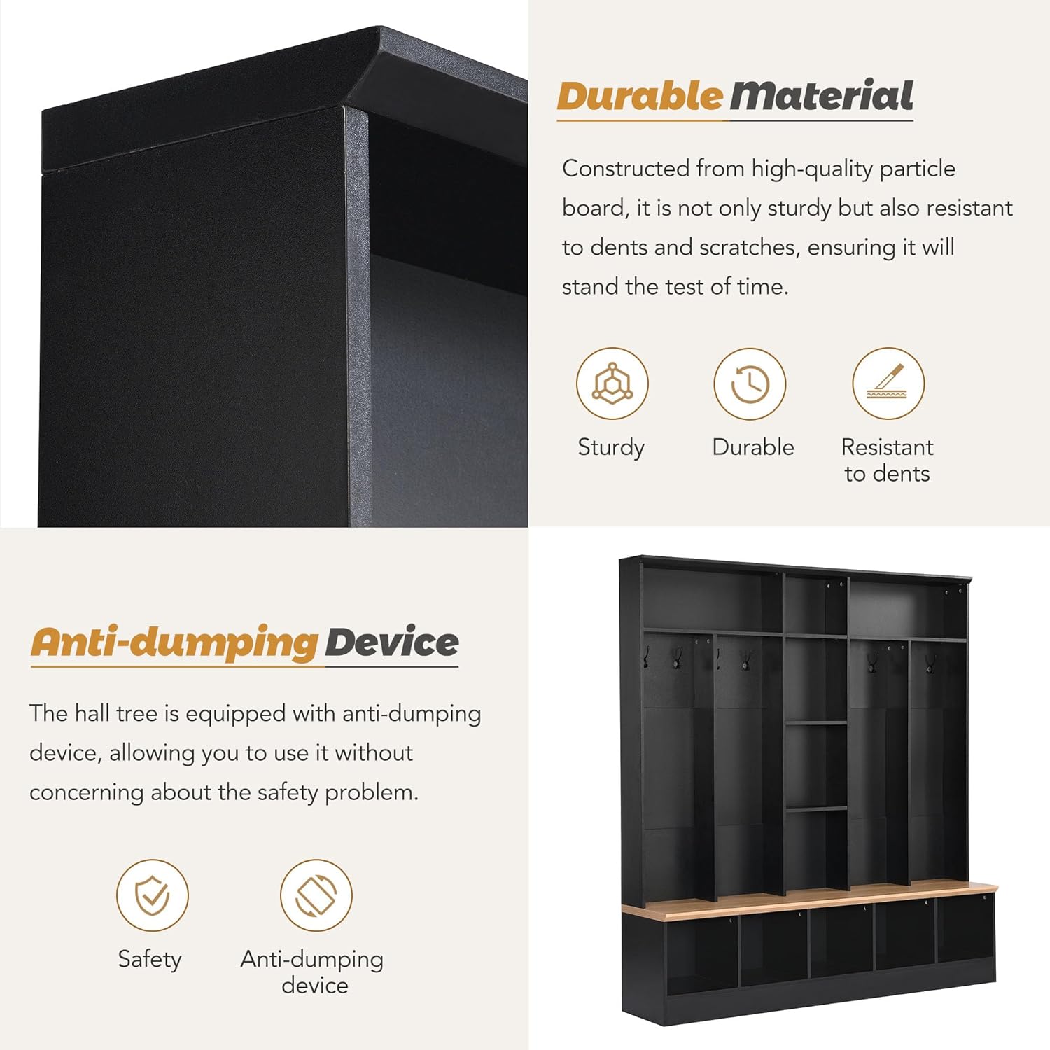 Black Hall Tree with Storage Bench and 8 Hooks I537305