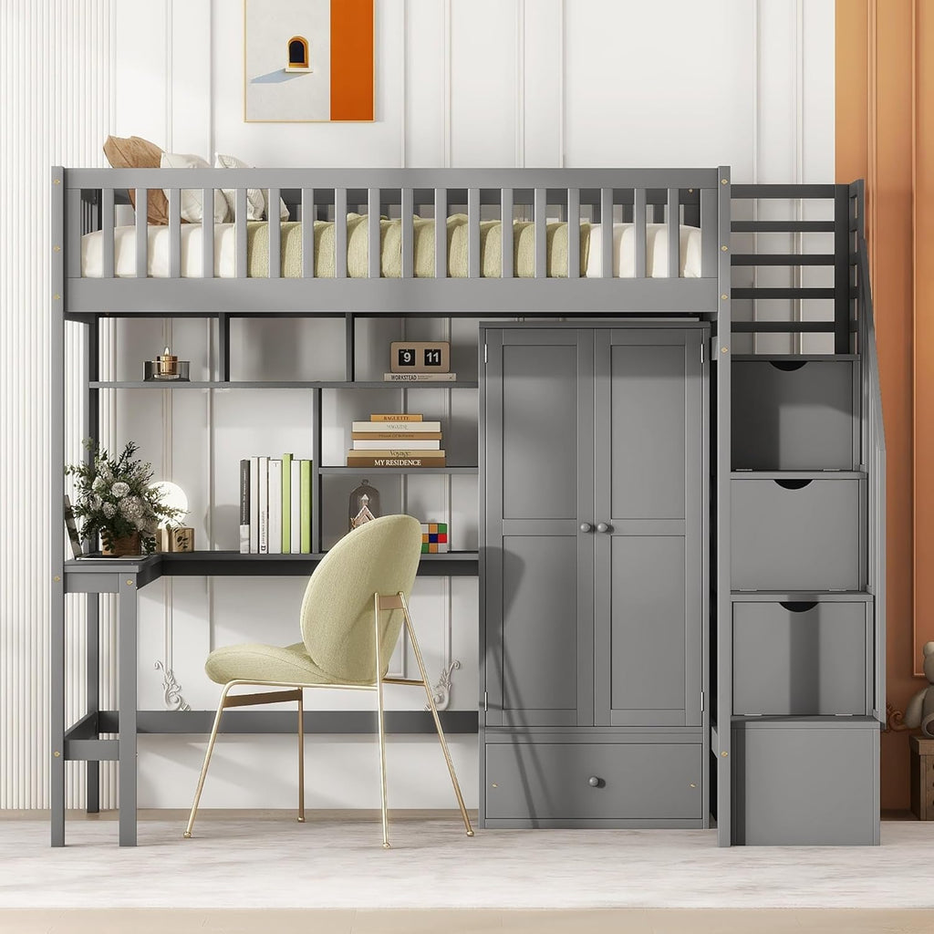 Grey Twin Size Loft Bed with Bookshelf Drawers Desk and Wardrobe MDF Pine Wood W262261