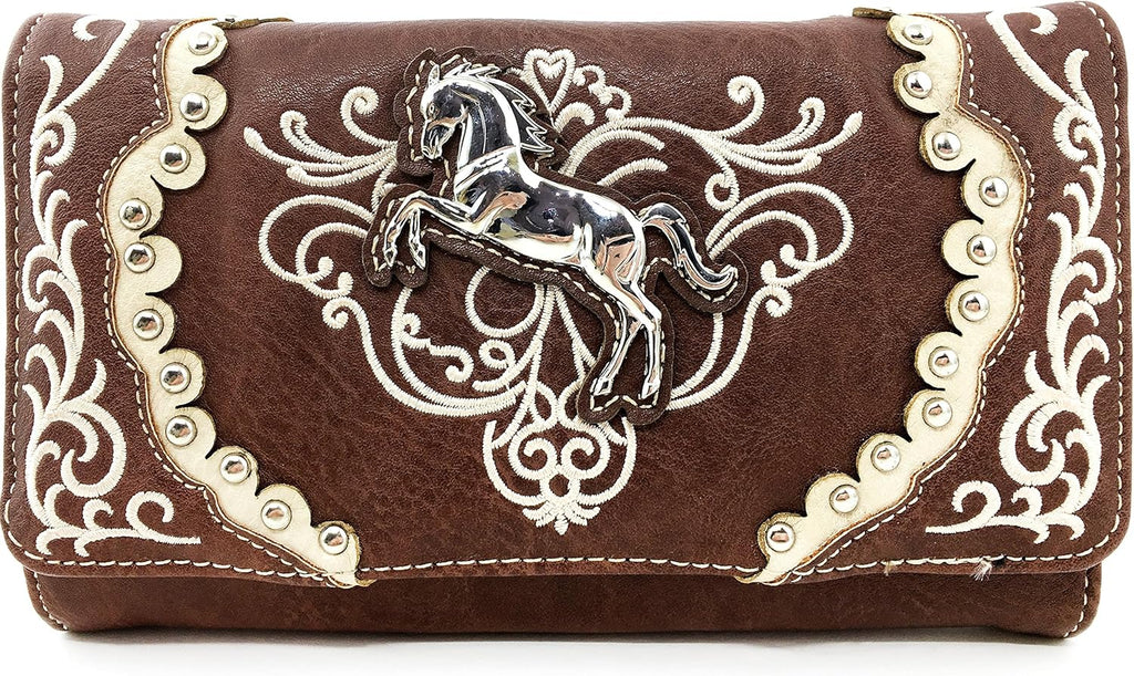 Brown Horse Embroidery Studded Concealed Carry Handbag Purse and Wallet O798