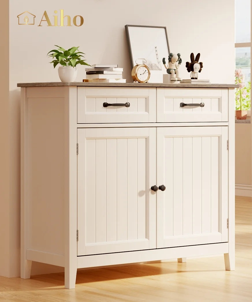 Grey Kitchen Sideboard Buffet Cabinet with Drawers and Adjustable Shelf T7107