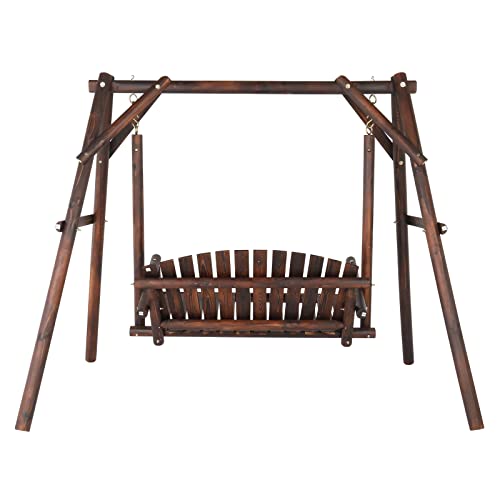 6.5' Outdoor Porch Swing Rustic Loveseat Solid Wooden Natural Log Garden Swing (Carbonized) B65676