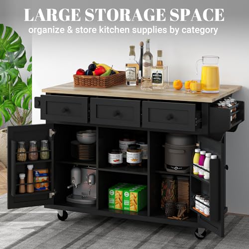Large Kitchen Island On Wheels with Storage 54in Width Wood Island with Drawers Cabinet Spice Rack Towel Rack I50980