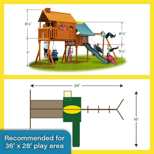 Solid Cedar Wood Swing Set with Built-in Tree House, Wave Slide, Spiral Slide L7577