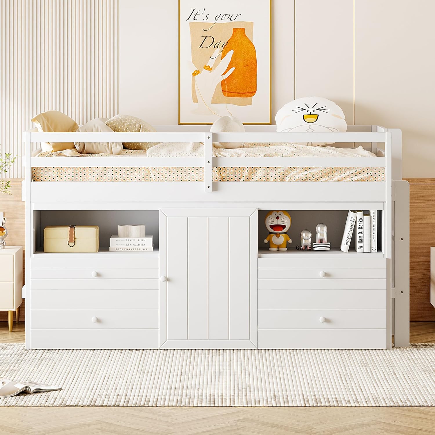 White Wooden Twin Size Loft Bed with 4 Drawers W35536