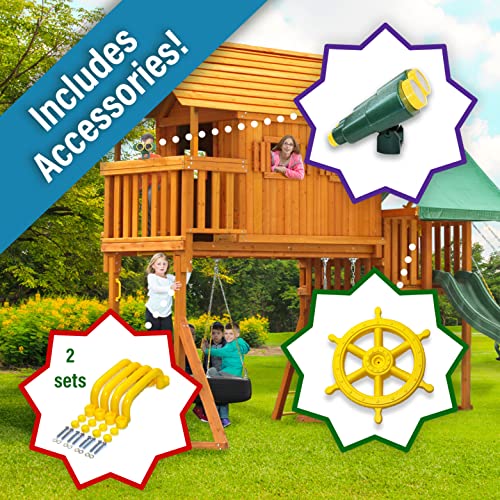 Solid Cedar Wood Swing Set with Built-in Tree House, Wave Slide, Spiral Slide L7577