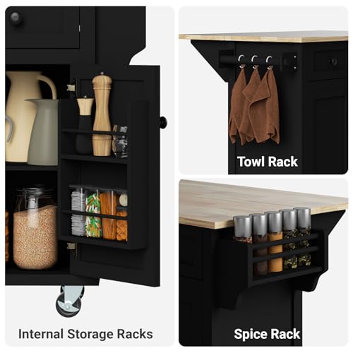 Large Kitchen Island On Wheels with Storage 54in Width Wood Island with Drawers Cabinet Spice Rack Towel Rack I50980