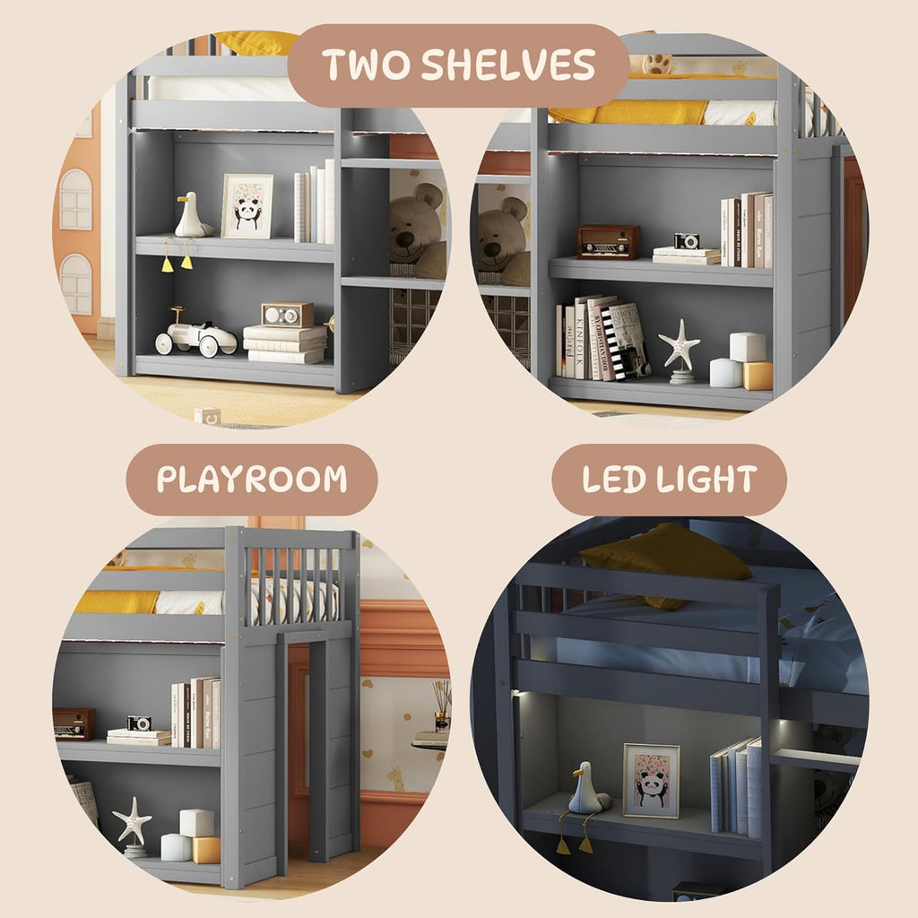 Grey LED Twin Low Loft Bed with Storage Shelves N651