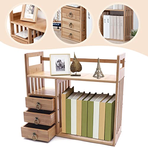 Bamboo Desktop Bookshelf with 3 Drawers (Nut-Brown) Q947