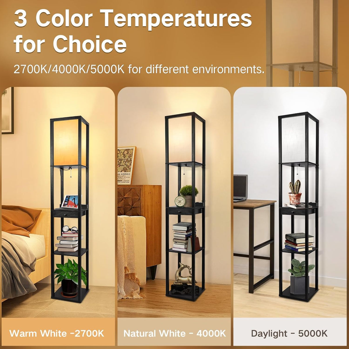 Wood Tripod Floor Lamp with Beige Linen Texture Shade I385