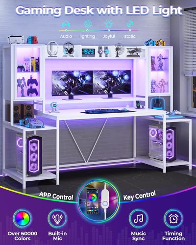 White 74.8'' Gaming Desk with LED Lights, Hutch and Storage Shelves P119