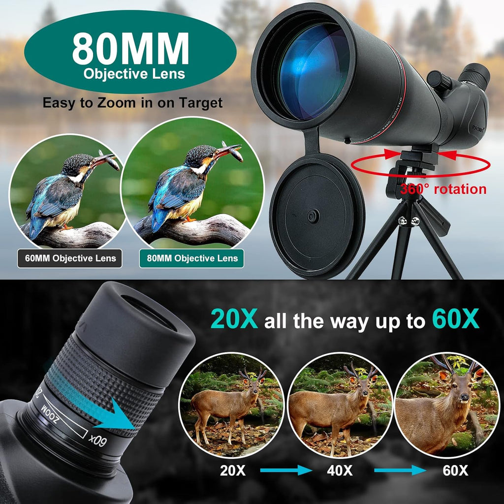 20-60x80 Waterproof BAK4 Spotting Scope with Tripod E116