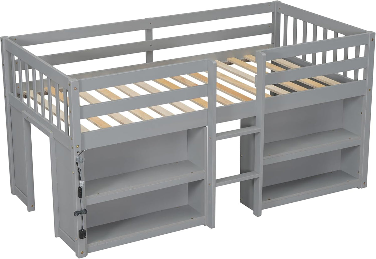 Grey LED Twin Low Loft Bed with Storage Shelves N651