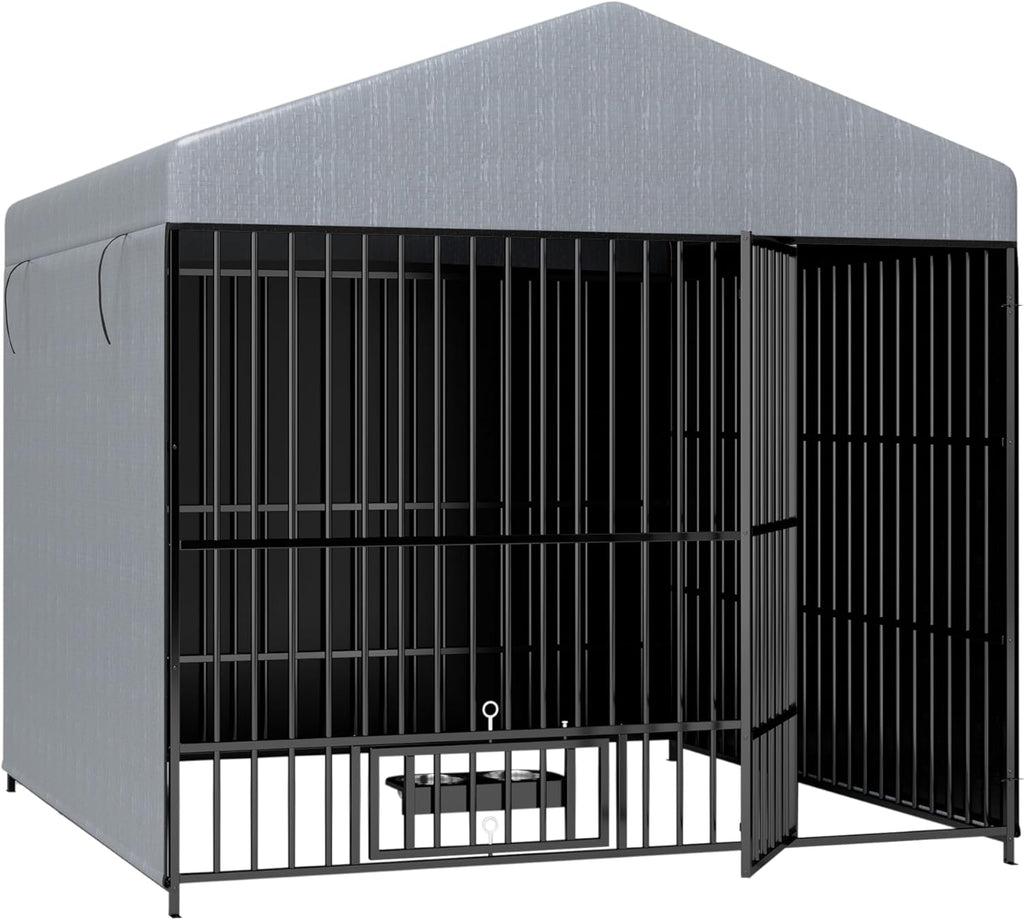 Large Outdoor Metal Dog Kennel with Waterproof Cover Roof (6.6'L x 6.6'W x 6.4'H) O700