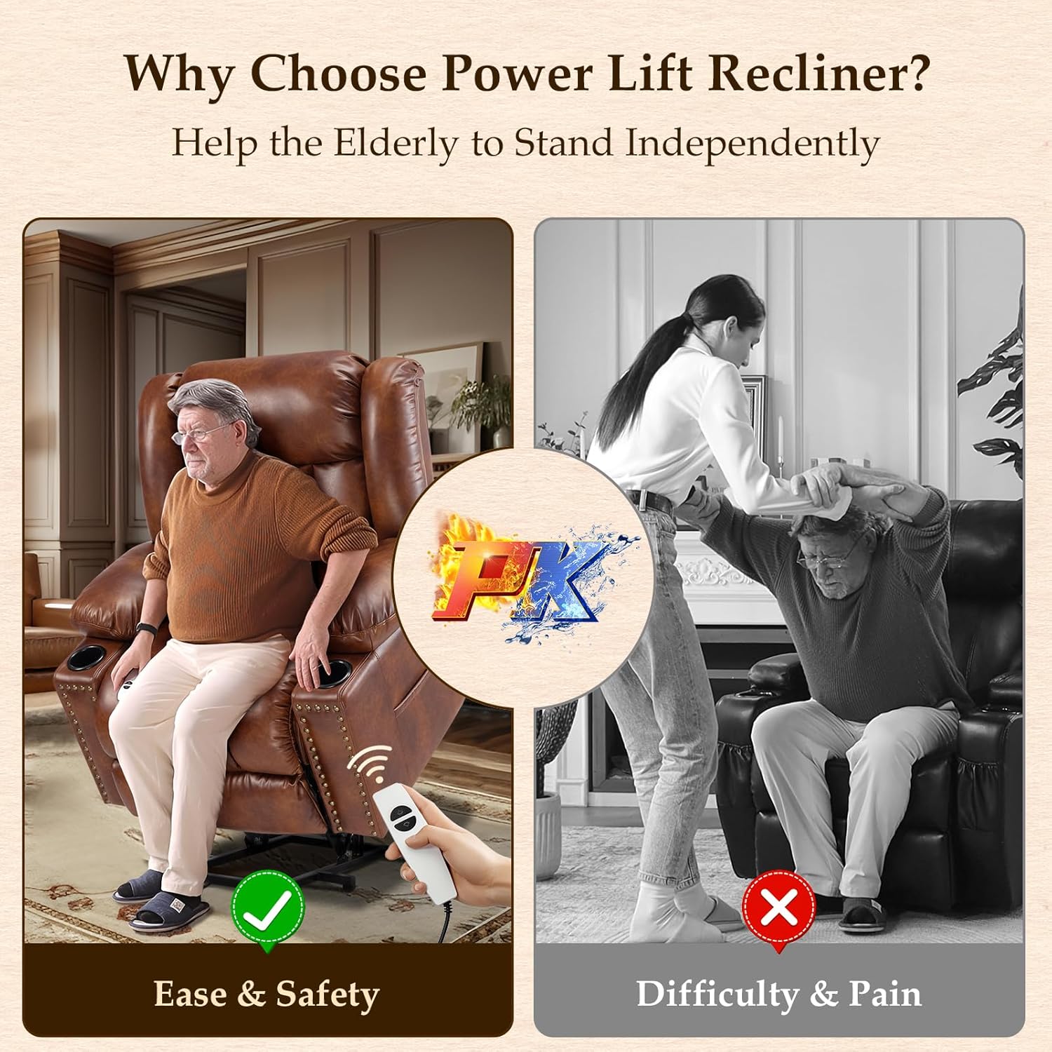 Large Power Lift Recliner with Extended Footrest, Heat and Massage X628477