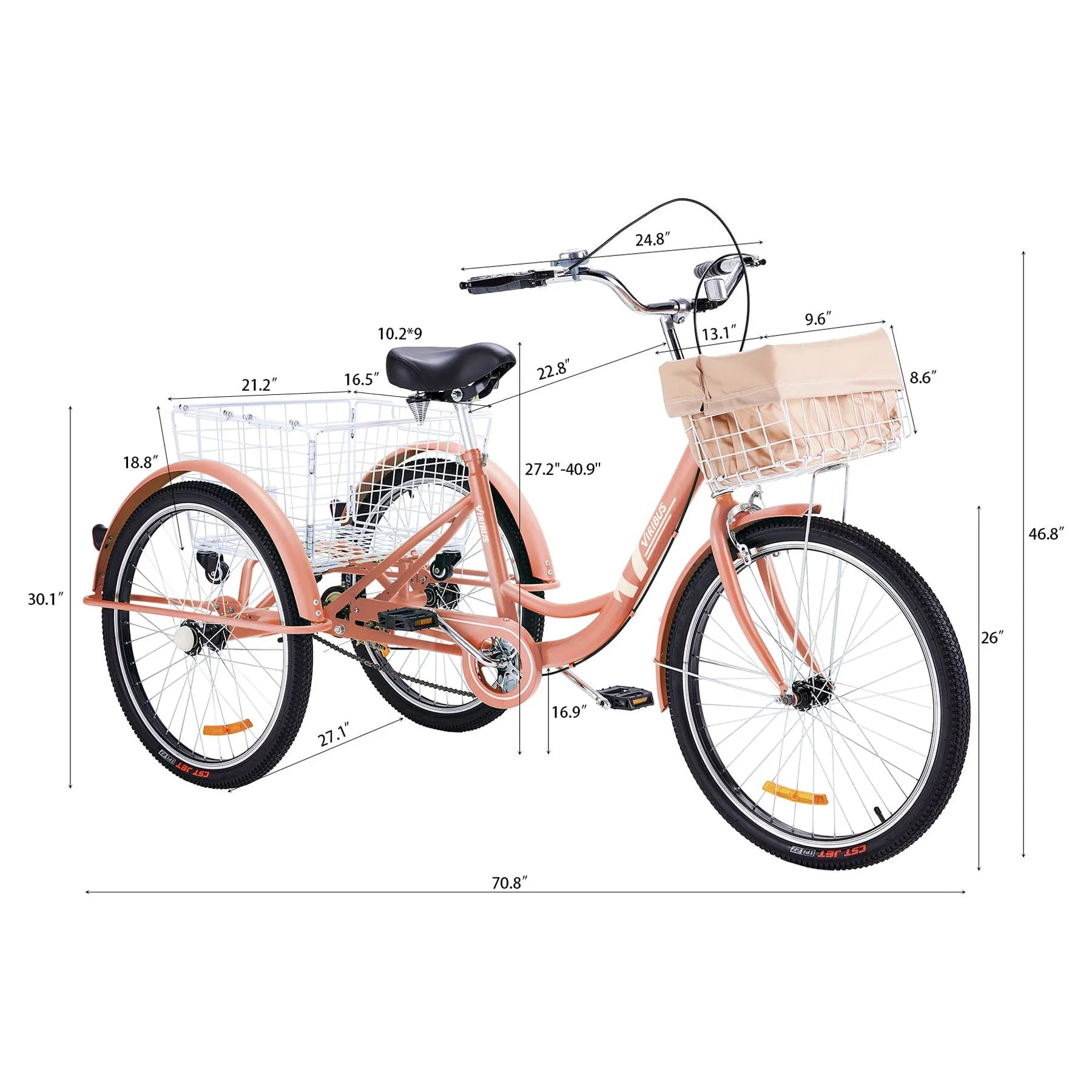 26 Inch Single Speed Adult Tricycle 3 Wheel Bike Pink E198